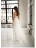 Strapless Beaded Ivory Tulle Slit Wedding Dress